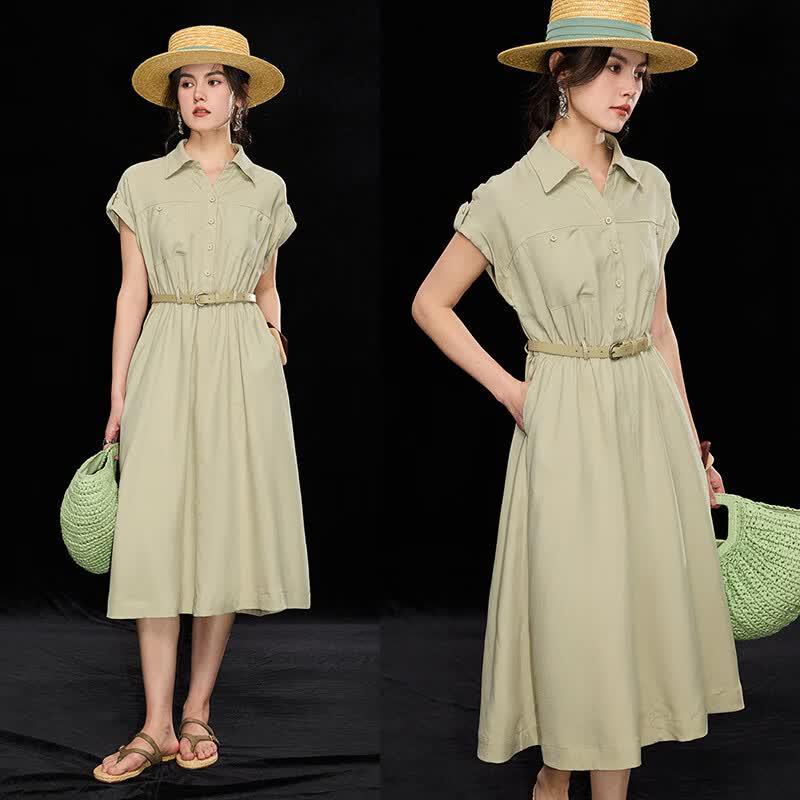 Wudao Tencel Linen Blend Short-Sleeve Shirt Dress with Belt M