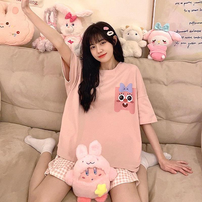 Spring and autumn thin pajamas women's sweet and cute cartoon short-sleeved shorts casual women's loungewear two-piece set summer