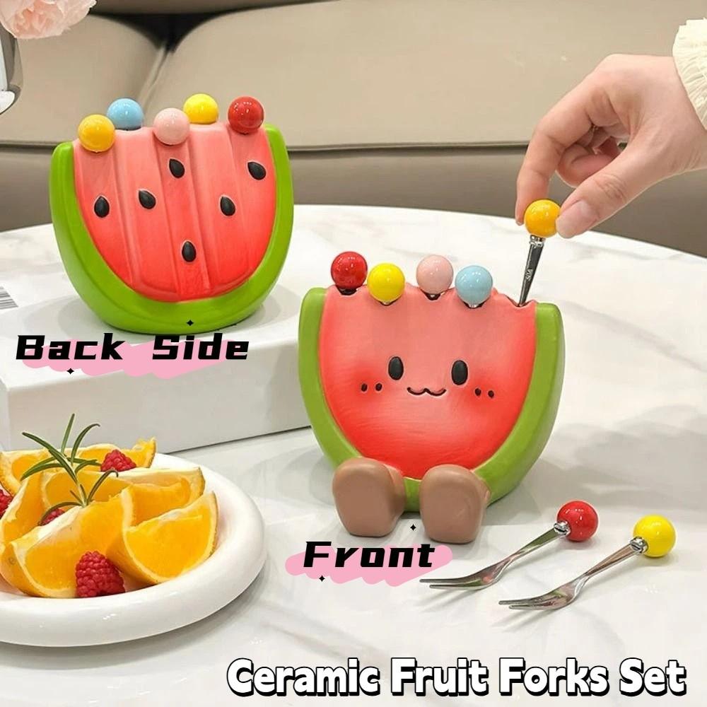 Multi-functional Ceramic Fruit Forks Receipt Jar Creative Cartoon Watermelon Fruit Fork with Storage Can Phone Holder