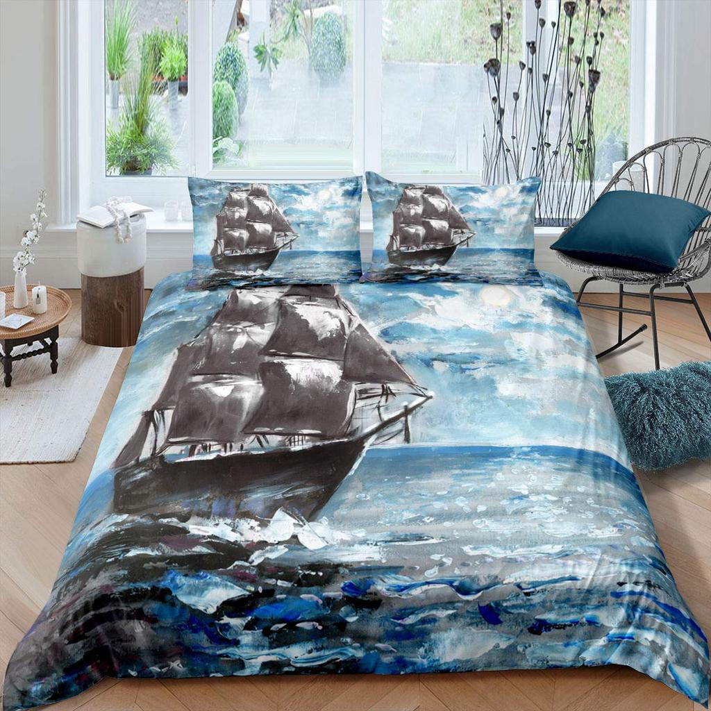 Conjunto de capa de edredom veleiro de microfibra com decoração náutica, conjunto de cama queen retrô pirata com padrão marinho e pôr do sol