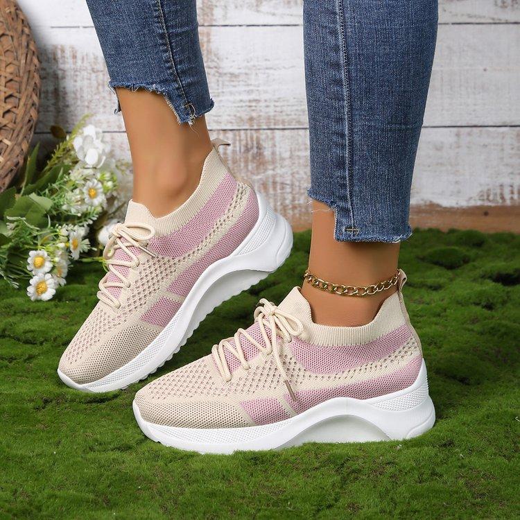 Flying Woven Mesh Casual Shoes Women's Spring and Autumn Thick-soled Color Matching Round Head Lace-up Sports Shoes Women