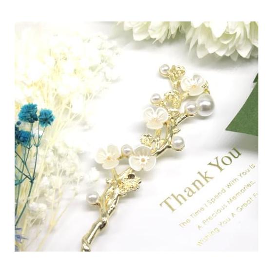 [Miaomyao] Kanzashi Hairpin, Single Stick Hair Accessory for Kimono, Yukata, Pearls, Antique White Plum Blossom, Gold Hair Accessory. A Single-stick