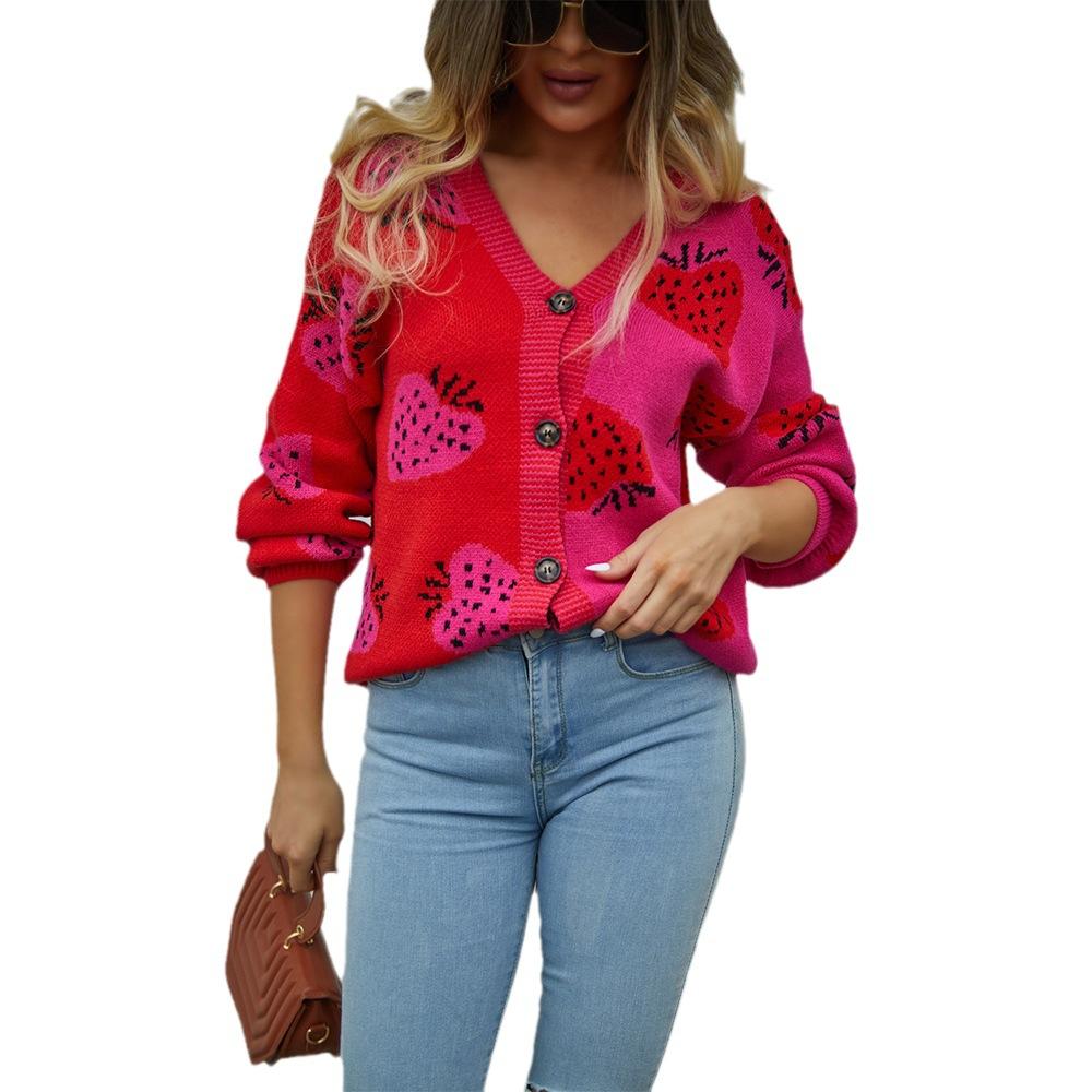

Осенне-зимний женский кардиган на пуговицах с v-образным вырезом, клубничная куртка, свитер S красный