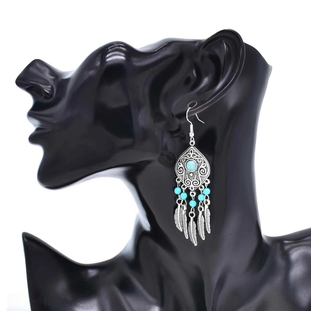 Turquoise earrings ethnic style engraving alloy feather fringed earrings retro beaded earrings