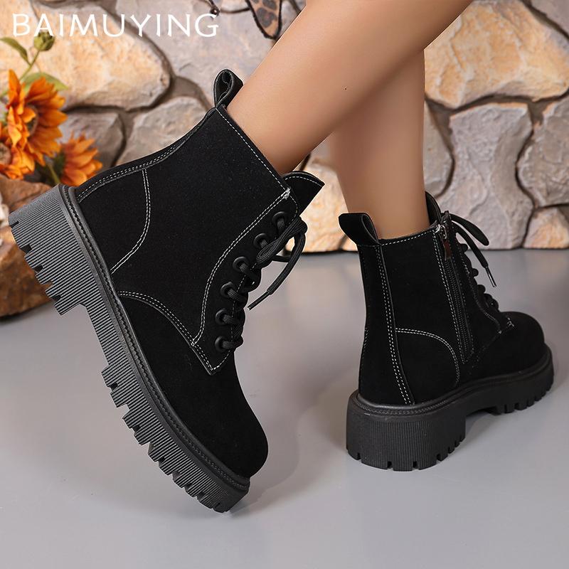 Suede Chunky Women Ankle Boots Retro Lace Up Mid Heels Shoes 2025 Trend New Designer Gladiator Winter Motorcycle Botas De Mujer