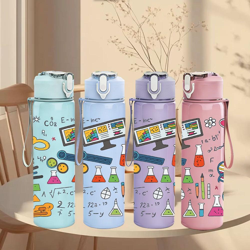 1PC Doodle Mixed Stationery Pattern Print 750ml Color Plastic Sports Water Bottle Leakproof Flip Straw Lid Suitable for Sports Office Home Use
