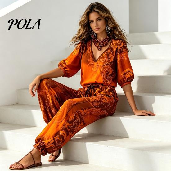Pantaloni a vita alta regolabili Set estivi da 2 pezzi per donna, Stampa floreale Manica a sbuffo 3/4 Stile bohémien da resort Vestiti Top con scollo a V e abbinamento