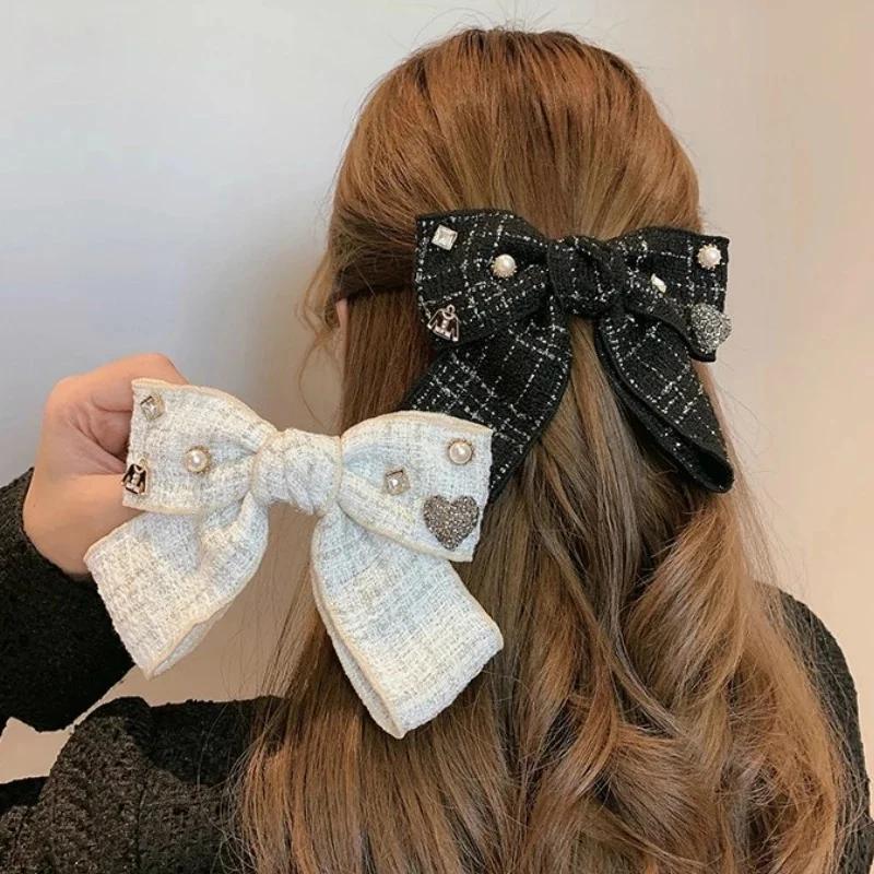 Elegant Plaid Fabric Bow Women's Pearl Rhinestones Gentle and Sexy Hair Clips Cute As Fashionable Headwear Accessories for Girls