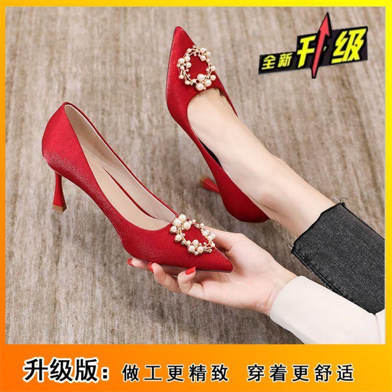 Bride thin heel pointed wedding shoes women's 2025 new show He red high heels women's pearl rhinestone single shoes women