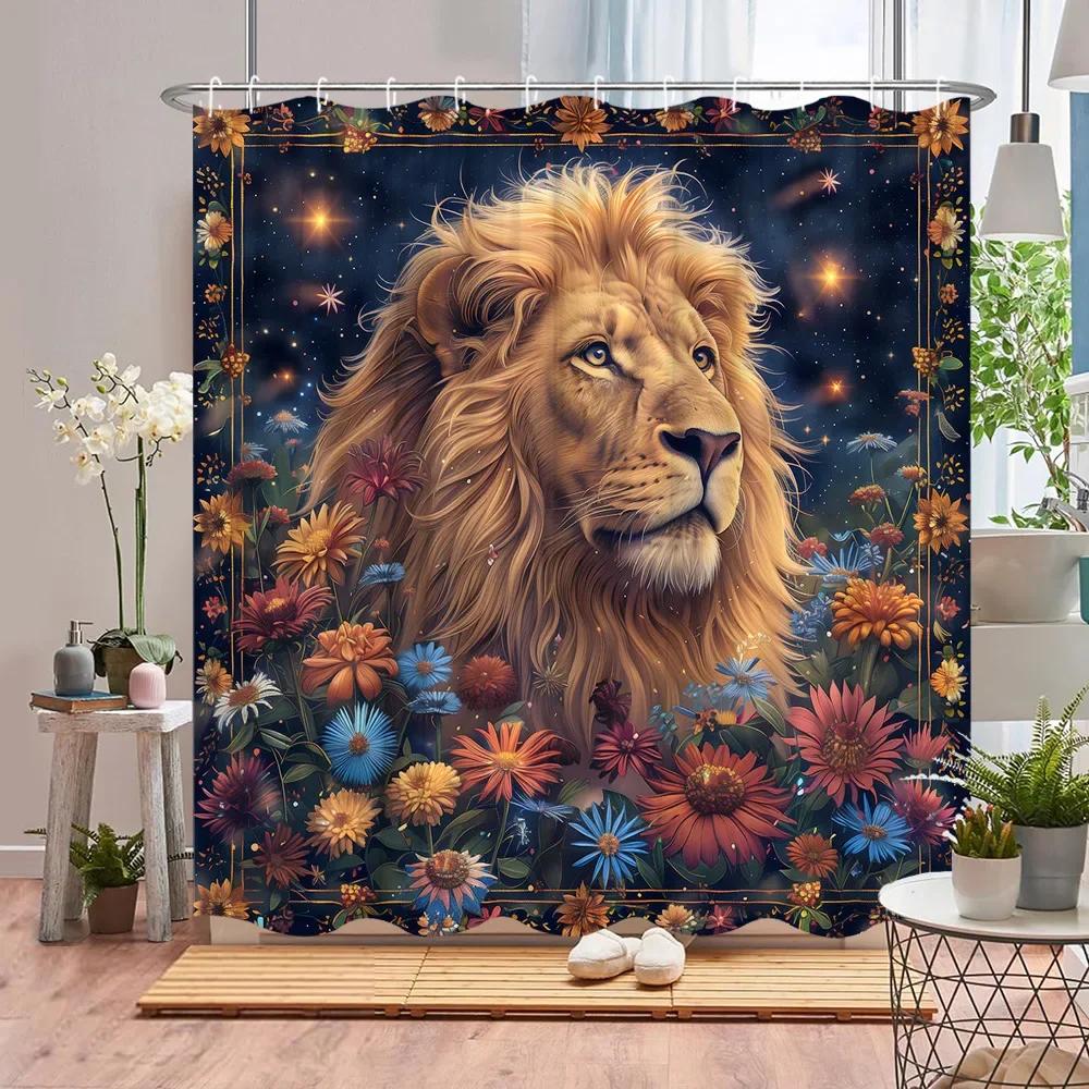 Wildtier Duschvorhang Blume Pflanze Löwe Kuh Tiger Dschungel Szenerie Cartoon Bauernhof Zuhause Polyester Stoff Badezimmer Dekor Vorhang Set