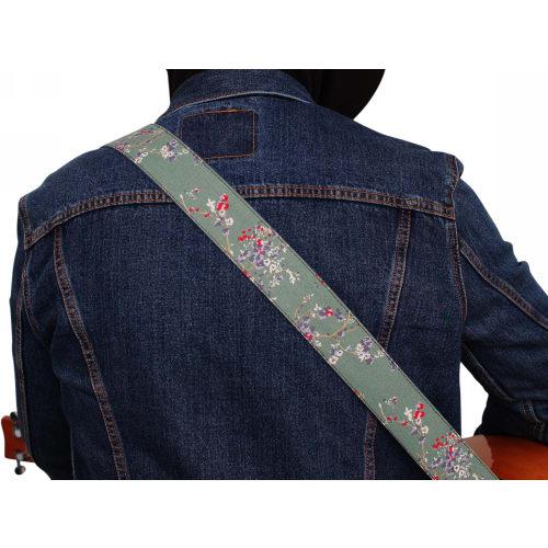 MUSIC FIRST Original Design Vintage Style "Plum Blossom" Soft Cotton and Leather Guitar Strap, Banjo Strap