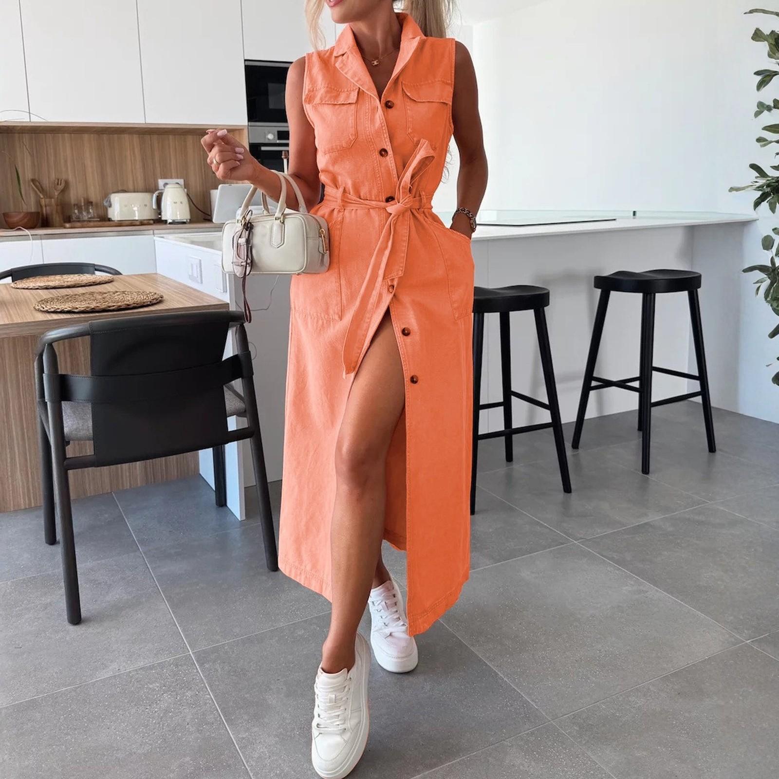 

Женское повседневное и модное однобортное джинсовое платье без рукавов с застежкой на талии XL