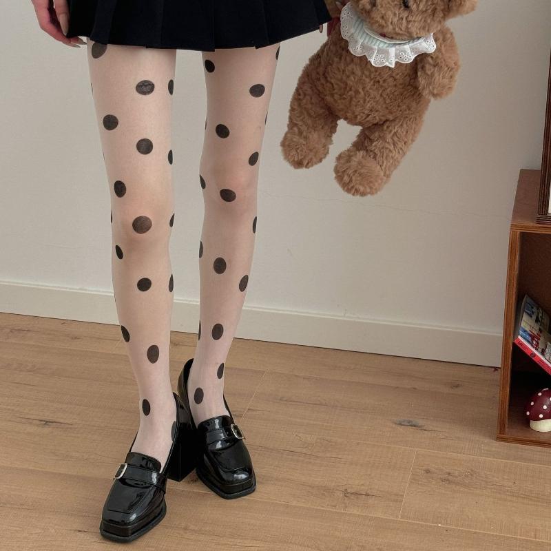 Women Tight JK White Ultra Thin Printed Polka Dot Pantyhose Tights Women Pantyhose Women Thin Sexy Lingerie Thigh High Stockings