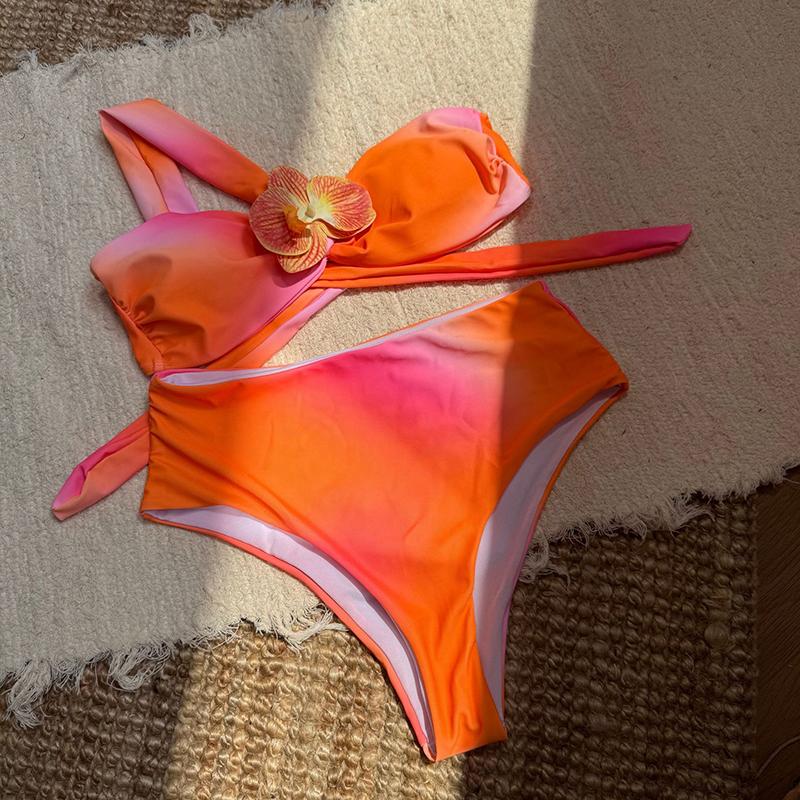 

3D Цветы Градиентный Женский Купальник Бикини с Высокой Талией Женская Купальная Одежда Комплект Бикини из Двух Частей С Подкладкой Купальник для Плавания S оранжевый