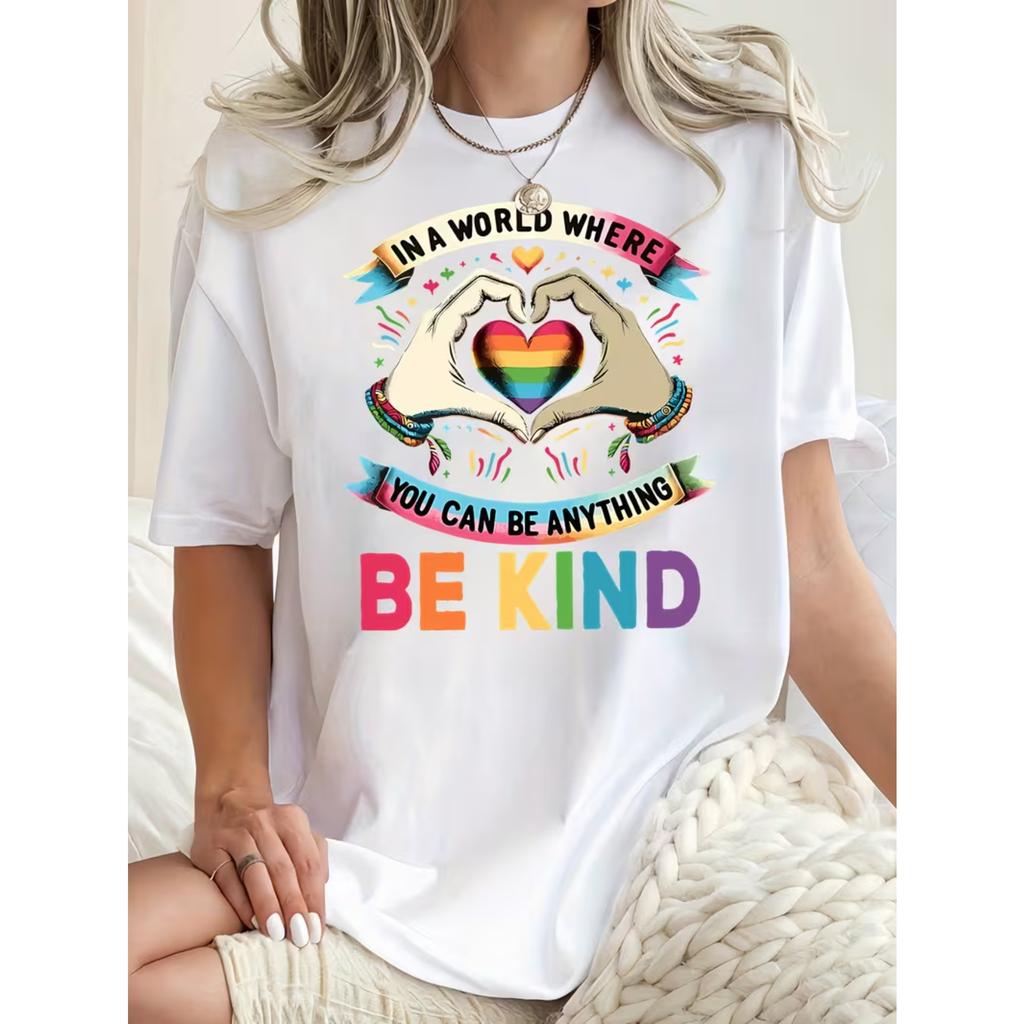 Women's Fun & Colorful 'Be Kind' Heart Graphic Tee - Casual Crew Neck Short Sleeve T-Shirt, Stretchy Polyester Blend Summer