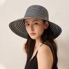 French Elegant Wide Brim Sun Hat Women 12cm Large Brim Striped UV Protection Beach Hat Foldable Summer Travel Straw Bucket Cap