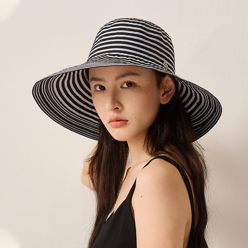 French Elegant Wide Brim Sun Hat Women 12cm Large Brim Striped UV Protection Beach Hat Foldable Summer Travel Straw Bucket Cap