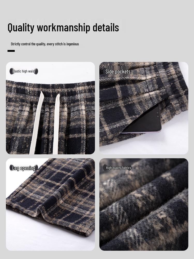 Women's Plaid Velvet-Lined Wide-Leg Pants - Autumn/Winter 2025 Retro Style