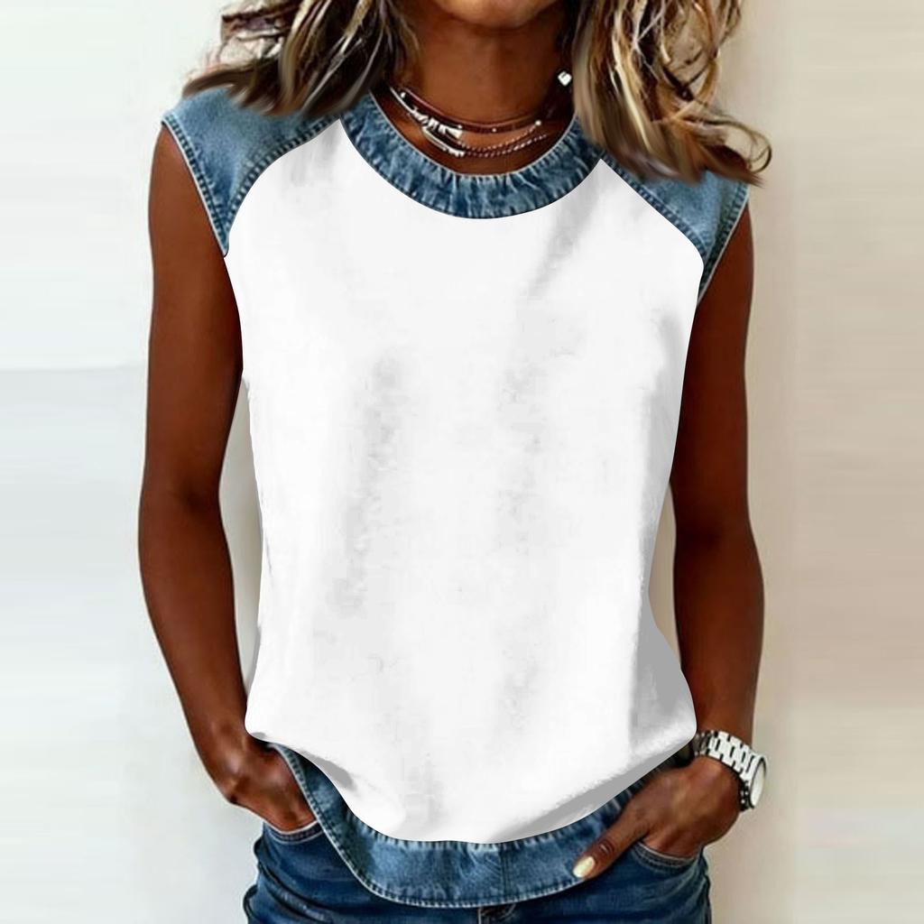 Sleeveless Crew Neck Top with Denim Trim Relaxed Fit Casual Shirt for Women Comfortable Design