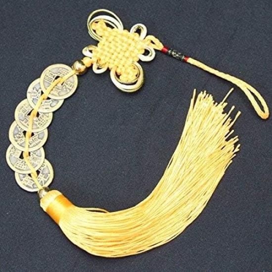Feng Shui Six Emperors Coin Chinese Knot Tassel Yellow Wall Hanging Ornament for Money, Wealth, and Fortune