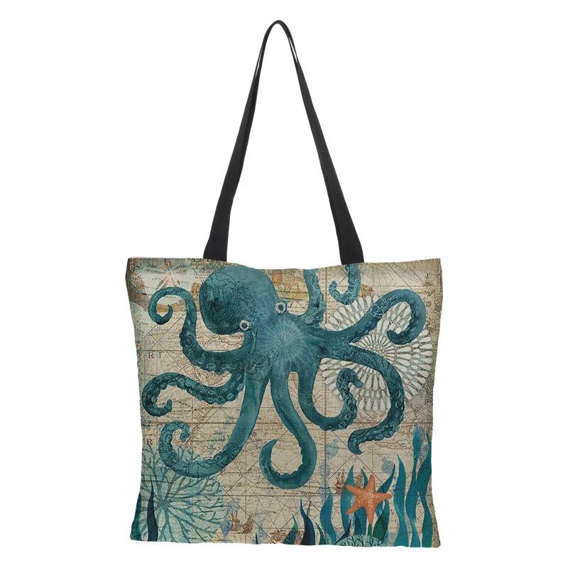 Women's Large Capacity Tote Large Capacity Shopping Bag Seahorse Whale Octopus Animal Shoulder Bag