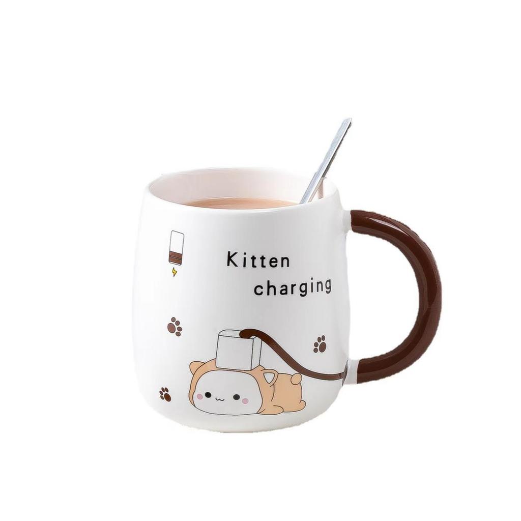 Creative Cartoon Charging Kitten Student Ceramic Cup with Lid Spoon High Temperature Resistant Mug Cup Advertising Gift Cup