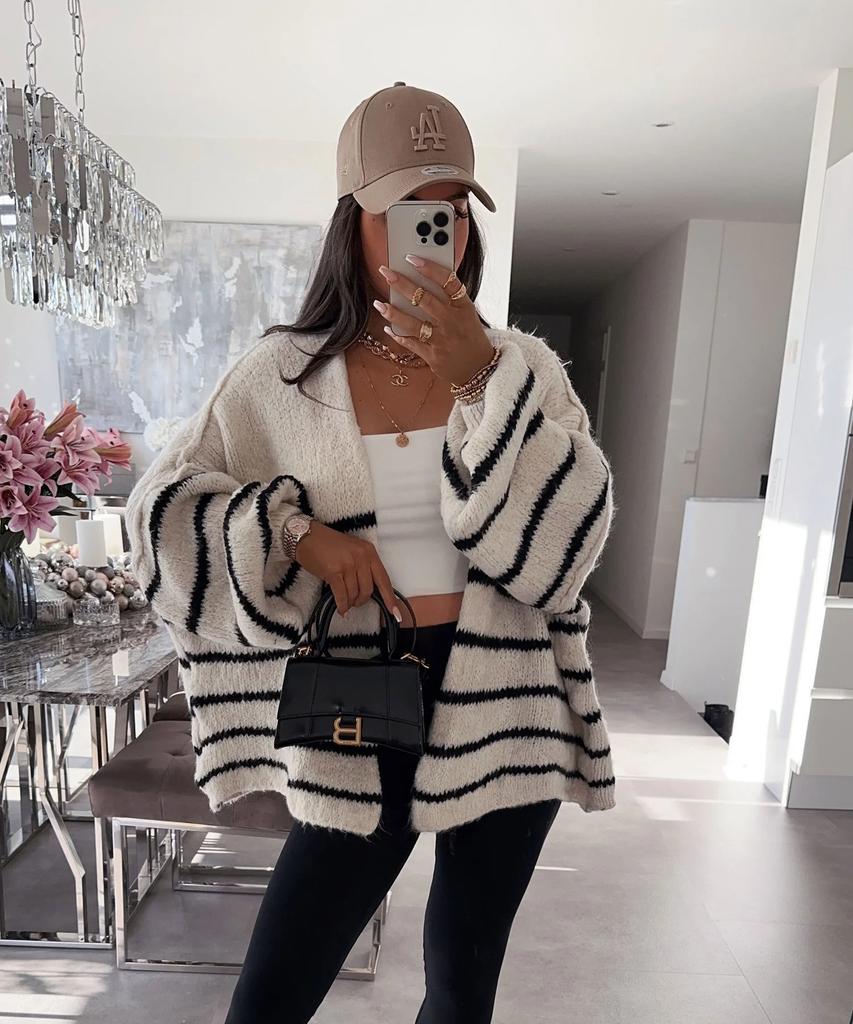 New autumn and winter sweater for women, loose contrasting stripes, reverse bone embroidery, knitted cardigan jacket for women 3583 KTB