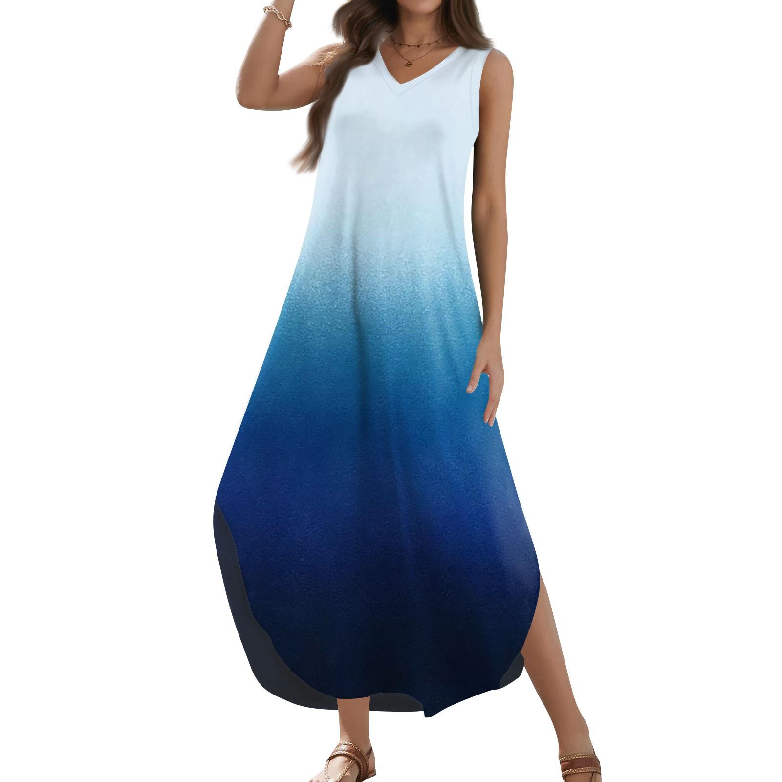 

Женский 2024, летний повседневный свободный сарафан, длинное платье с принтом, без рукавов, с v-образным вырезом и разрезом, футболка, макси-платья