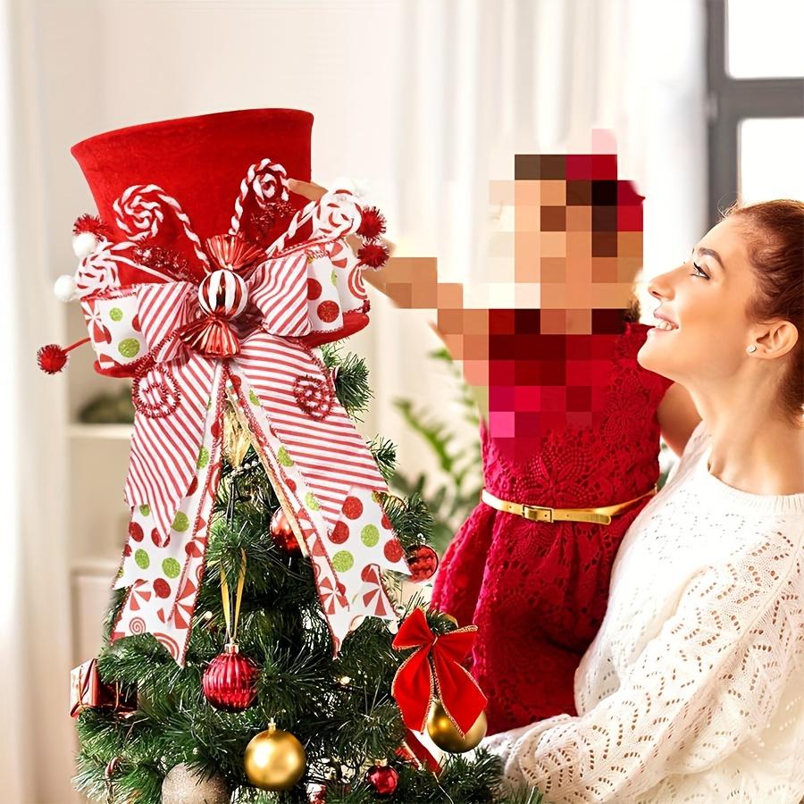 1 adet Klasik Noel Ağacı Tepesi Şapkası Şeker Kamışı Fiyonklu Kurdele Dekorasyonu Tatil Ağacı veya Masa Üstü Dekoru için