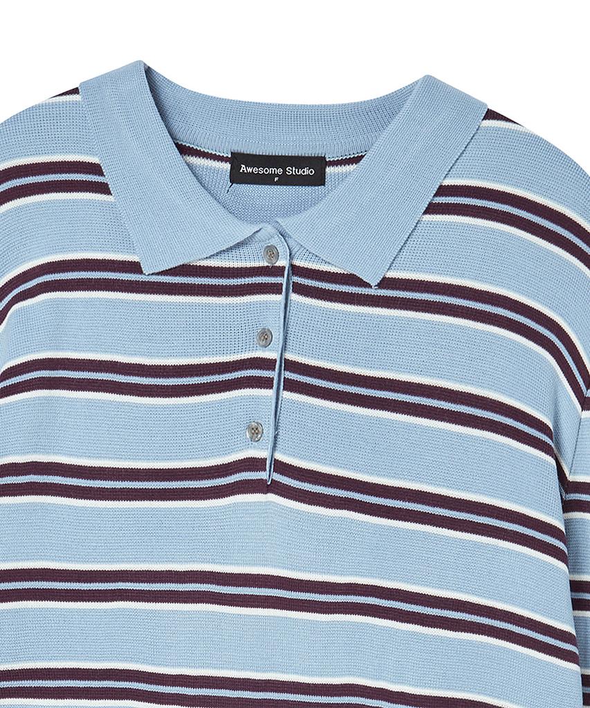 AWESOME STUDIO Multi-Stripe Collar Knit Sky Blue