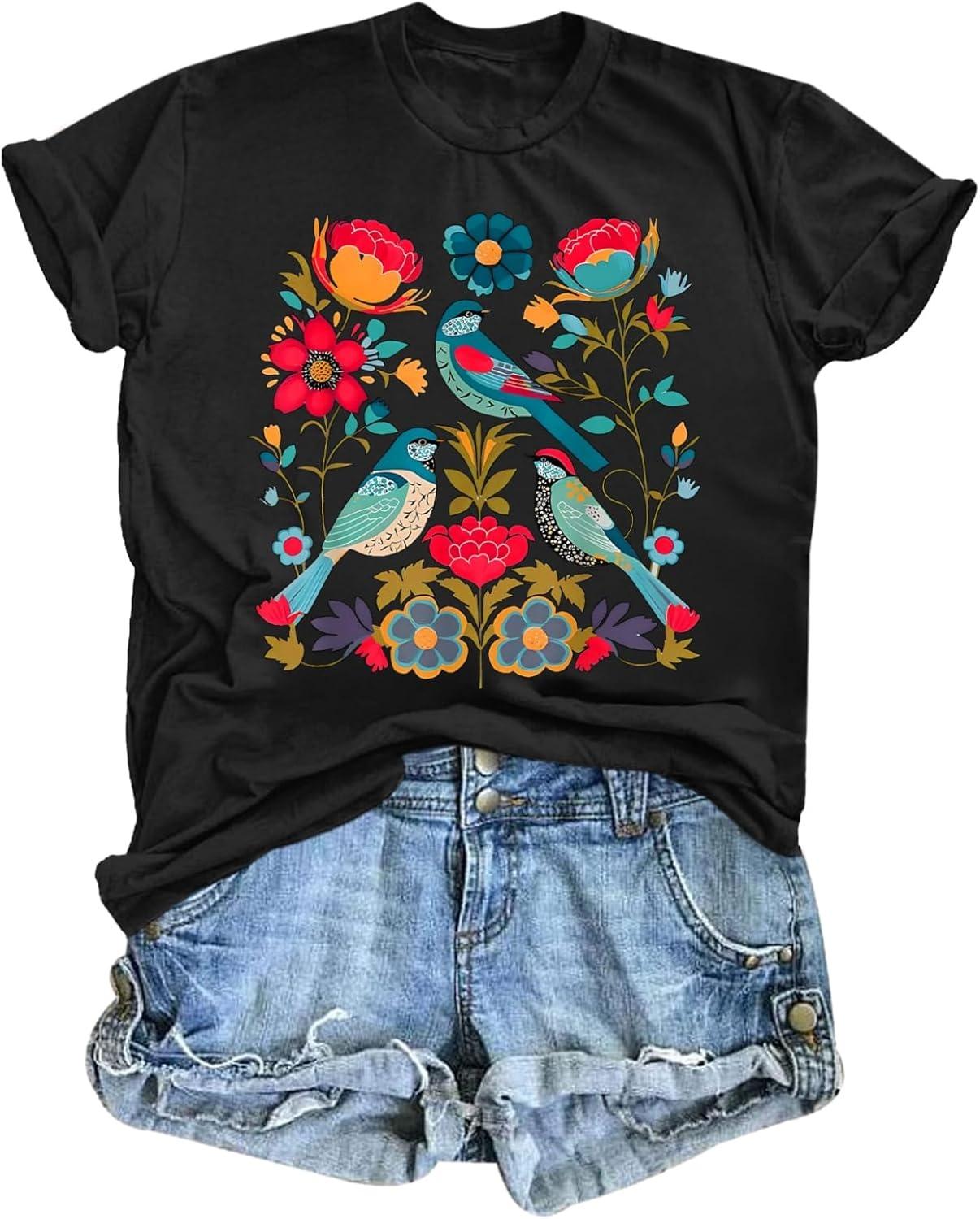 Vintage Flower Shirt for Women Boho Floral Wildflower Cute Graphic Tees Bird Cottagecore Print T Shirts Casual Tops S
