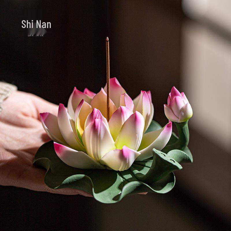 Ceramic Handmade Lotus Incense Holder - No Ash Falling, Indoor Stick Incense Base Ornament