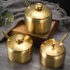 Gold Silver Sugar Bowl With Spoon Lid Stainless Steel Small Condiment Container Large Capacity Seasoning Pot Kitchen Spices Jar