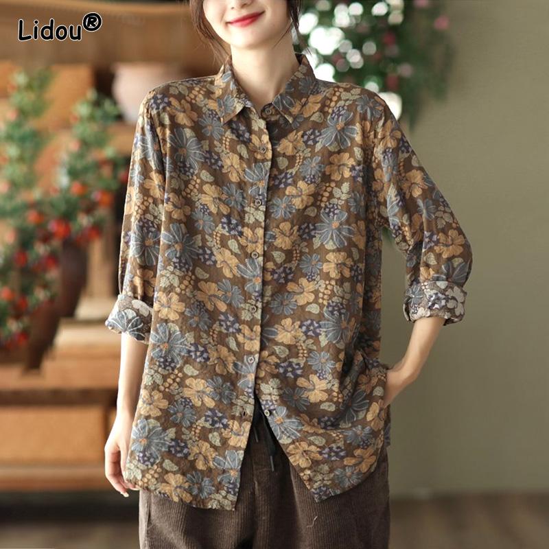 Retro Printed Cotton Linen Shirt Women Casual New Autumn Long-sleeved Floral Top