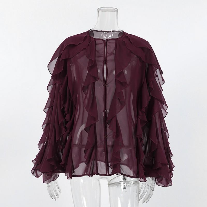 Womens Vintage French Style Ruffle Chiffon Blouse 2025 Elegant Wine Red Round Neck Top