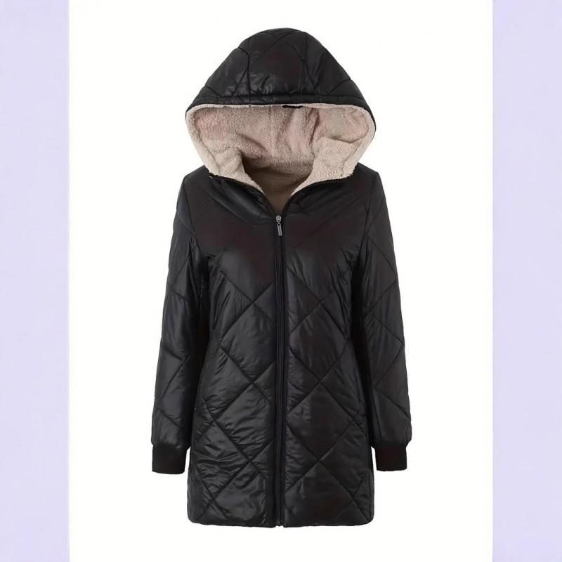 Womens Warm Hooded Cotton Padded Coat Long Sleeve Loose Fit Mid-Length Outerwear Black Navy