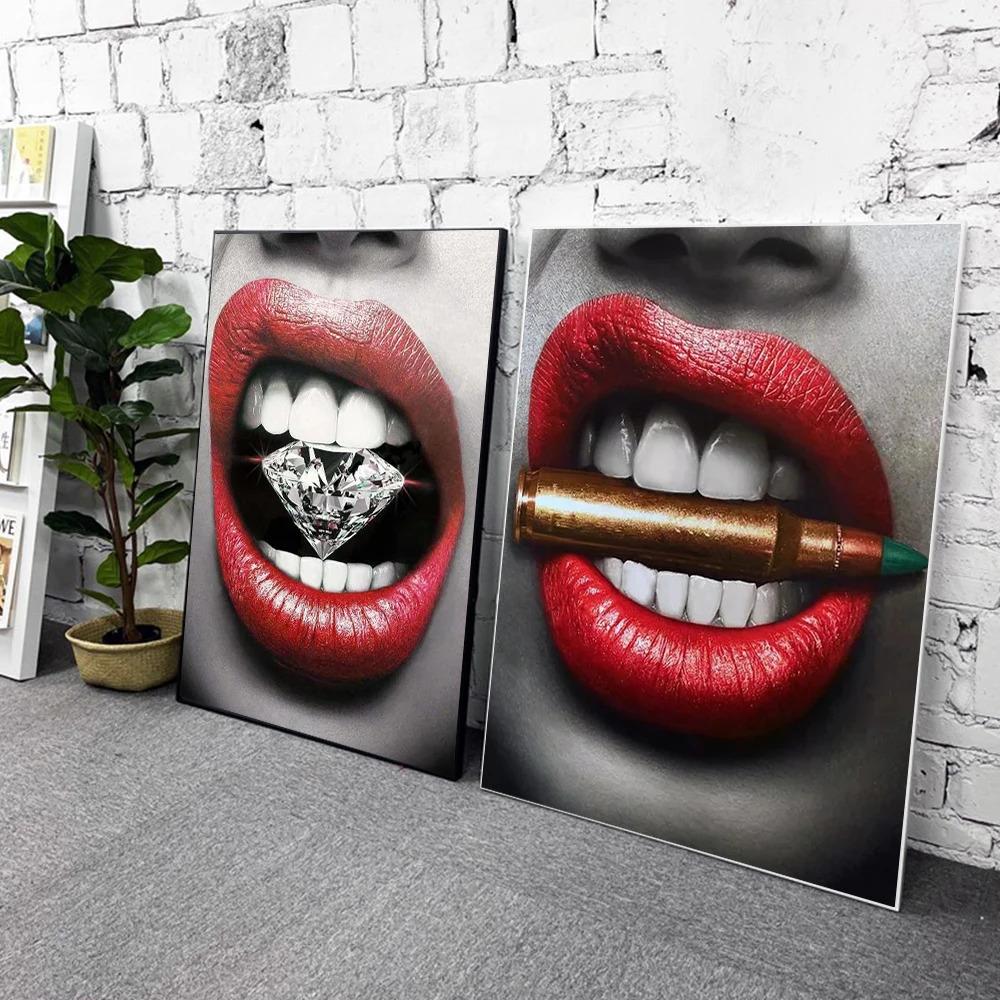 Sexy Woman Red Lips Money Rose Wall Art Posters Modern Home Living Room Bedroom Decorative Canvas Painting Picture Print Artwork
