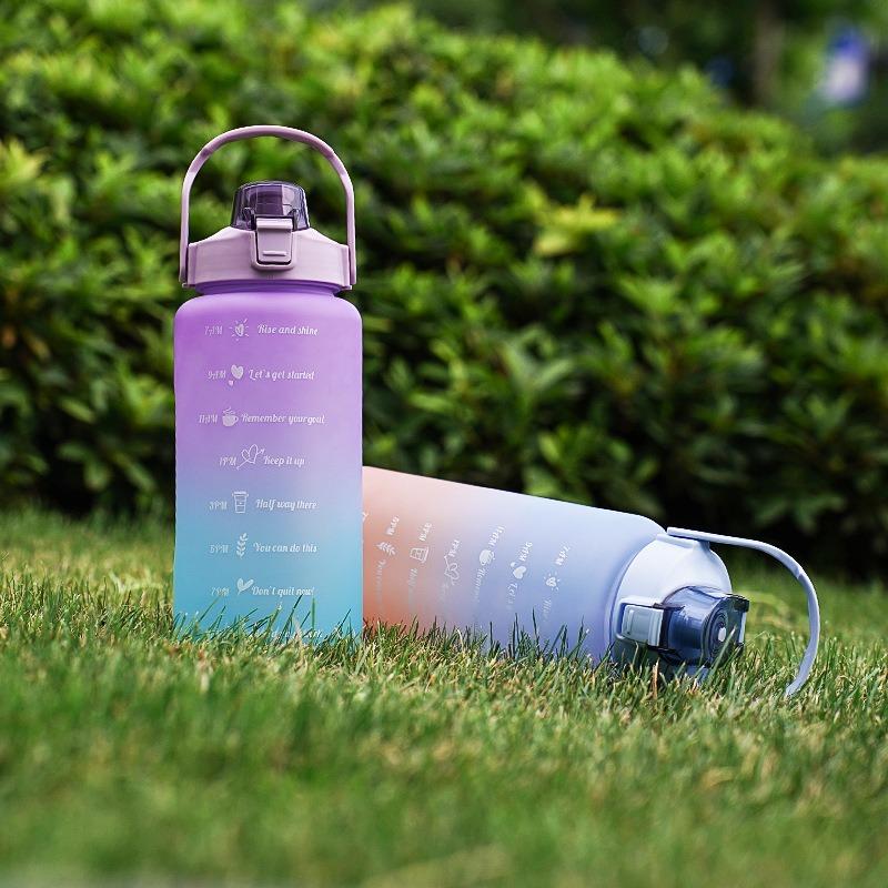 2L Outdoor Large Capacity Sport Water Bottle Creative Plastic Cup Bounce Cover Outdoor Leakproof Straw Cup with Time Marker