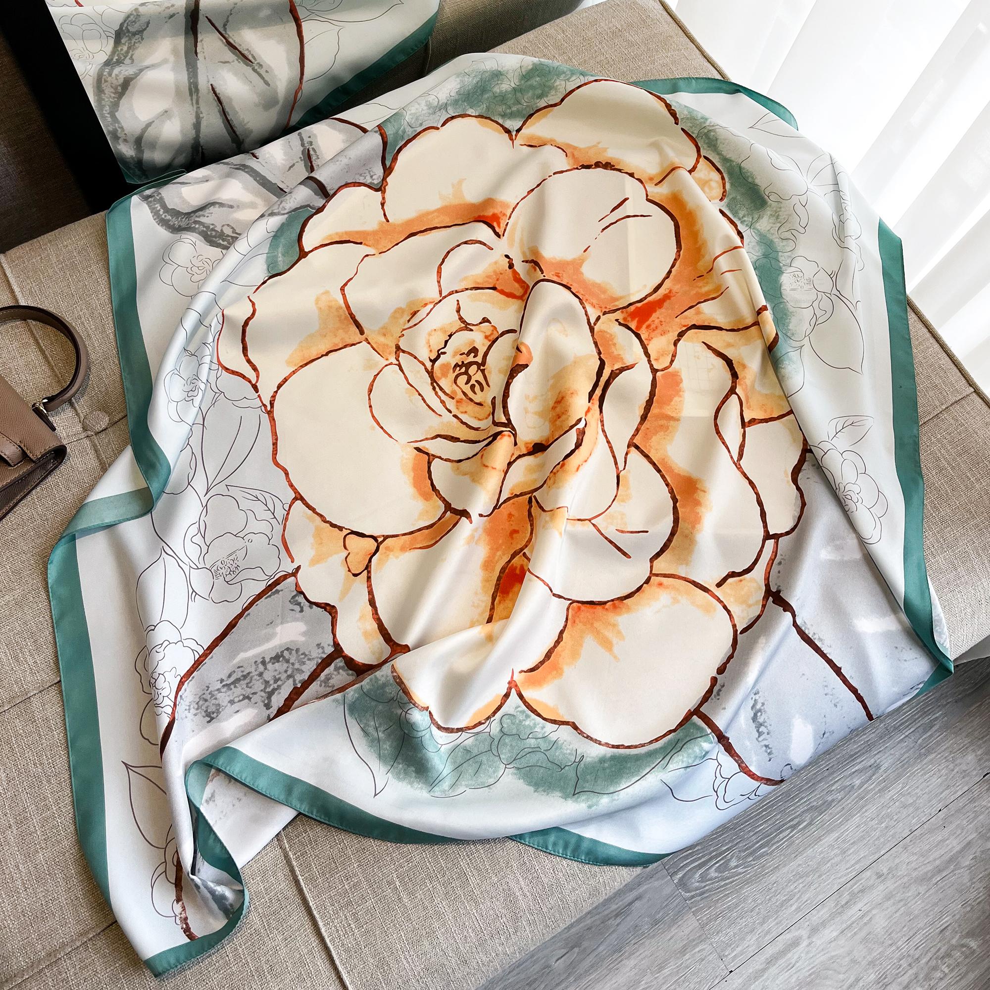 

New Luxury Silk Shawl Camellia Scarf for Women Satin Hijab Fashion Wraps Neckerchief Female Hair Bands Ribbon Scarves Bandana