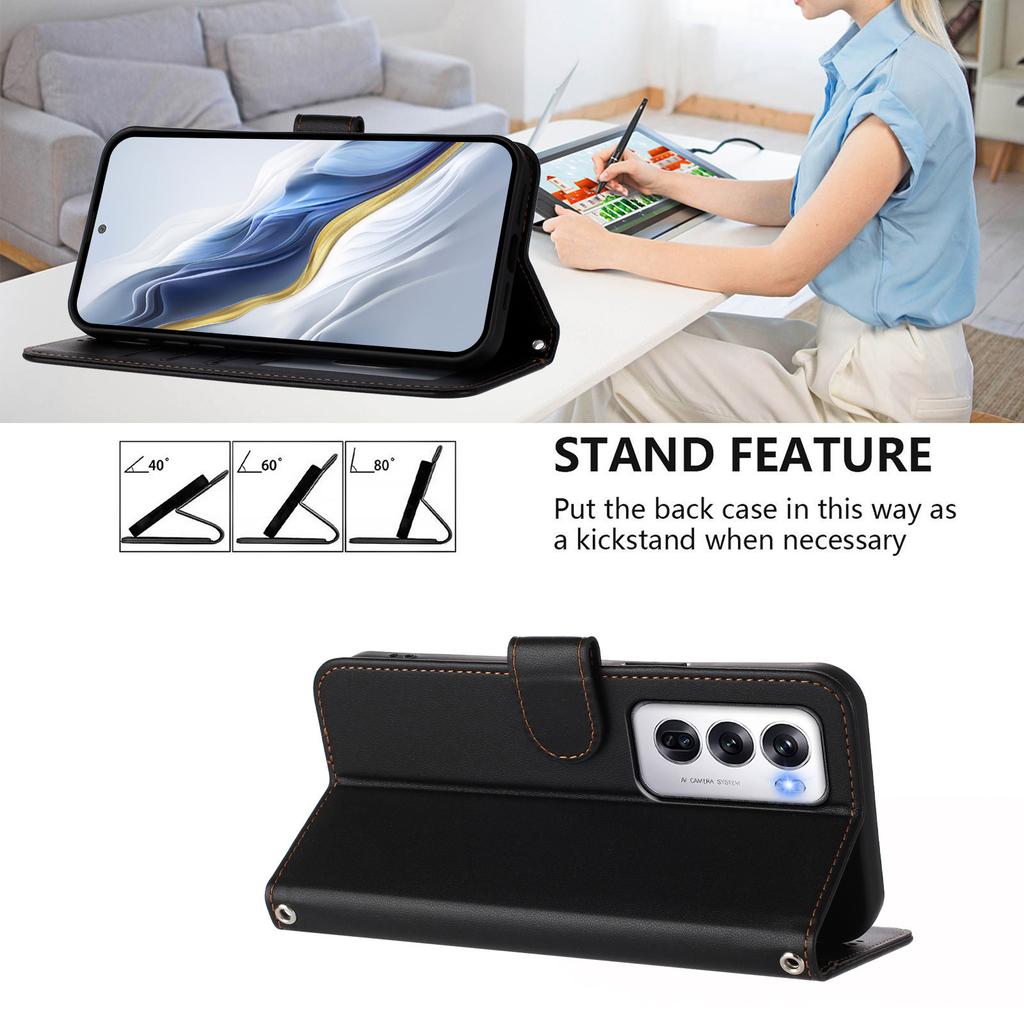 Für Oppo Reno12 5G (Global) Lederhülle Brieftasche Ständer Handyhülle mit Handschlaufe