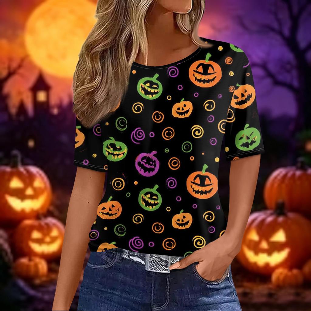 Women's Casual Halloween and Pumpkin Print Short Sleeve Crewneck Pullover Top