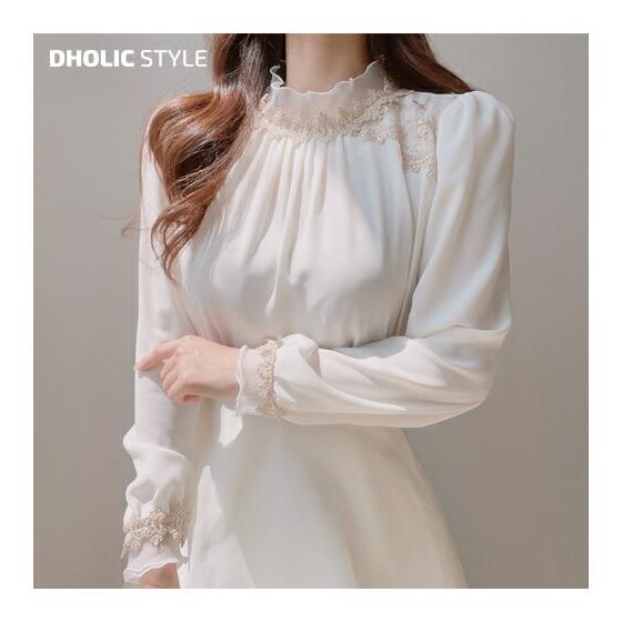 Lace detail half neck blouse p515509 Women s [BL] Korean fashion tops blouse long sleeve lace half neck puff sleeve going out elegant luxury adult