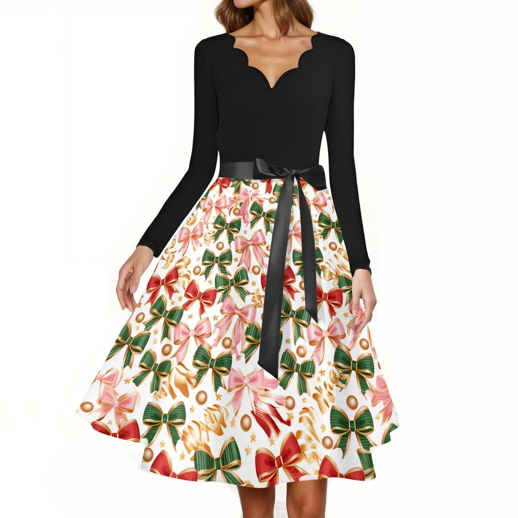Damen Casual Weihnachten Print V-Ausschnitt Vintage Kleid für Feiertagspartys und den Alltag