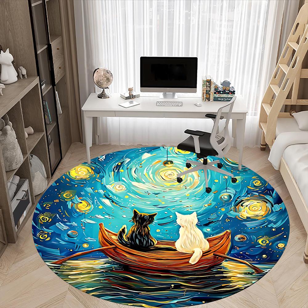 1pc Cat Boat Office Round Area Rug, Under Office Chairs Bedroom Living Room Home Decor, Room Deco, Available in Various Sizes