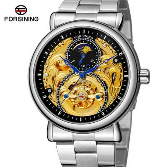 FORSINING Men's Tourbillon Moon Phase Automatic Mechanical Watch with Engraved Hollow Steel Band