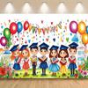 A backdrop for a kindergarten graduation party - lively cartoon-style children, balloons and decorations