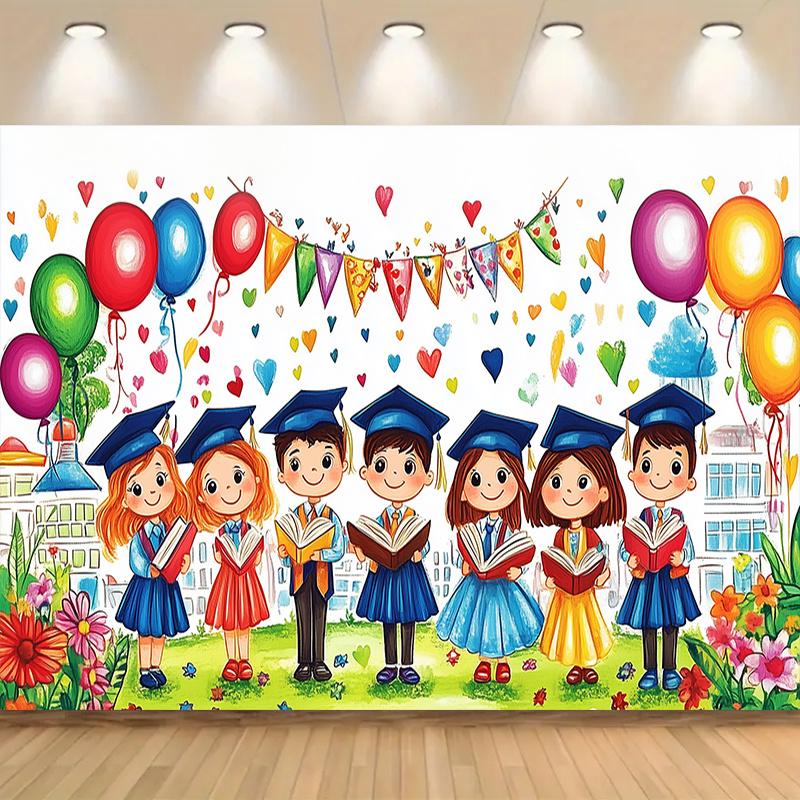 A backdrop for a kindergarten graduation party - lively cartoon-style children, balloons and decorations