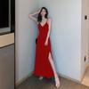 Solid color suspender skirt wind small black dress black v-neck split suspender skirt female summer sexy cold wind dress female