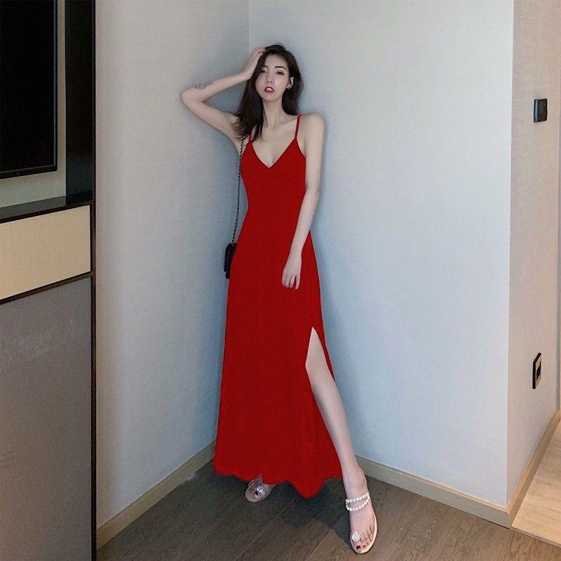 Solid color suspender skirt wind small black dress black v-neck split suspender skirt female summer sexy cold wind dress female