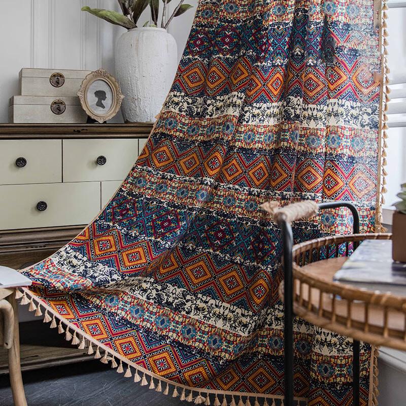 Ethnic Style Yellow Square Print Semi-Blackout Curtain